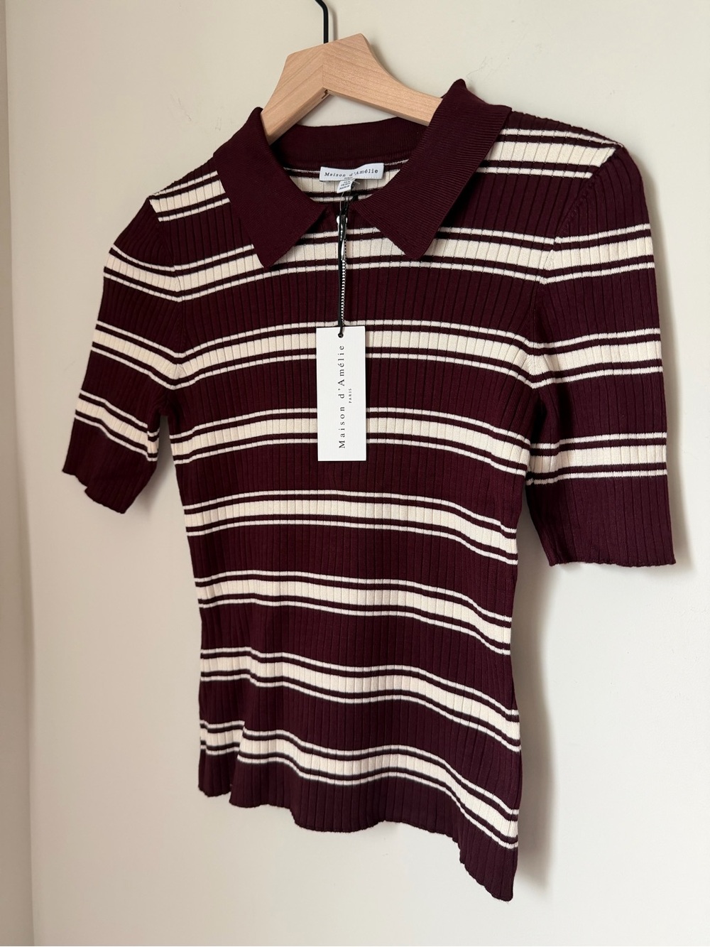 Burgundy & Cream Striped zip up Ribbed Polo Top